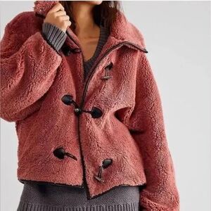 Free People Junie Teddy Jacket contrast faux leather toggle trim Rose Pink L